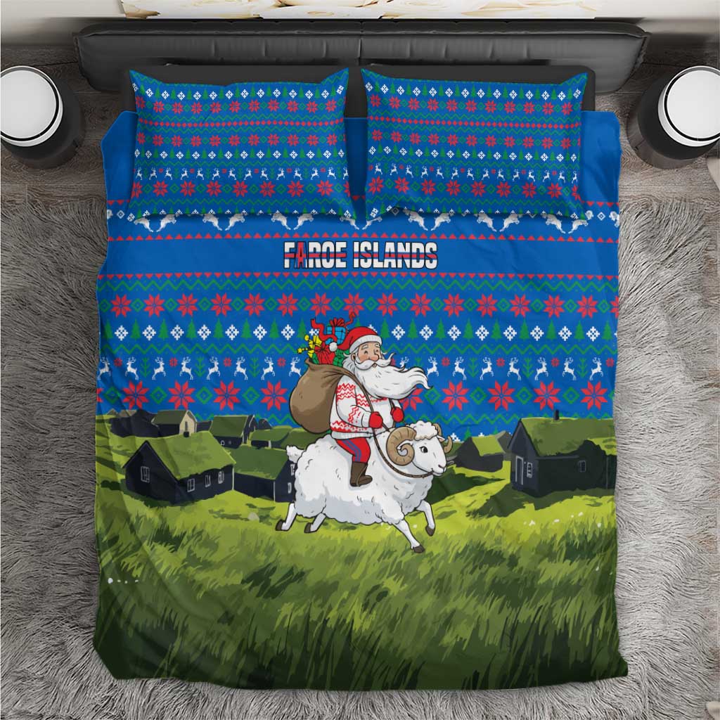 Faroe Islands Christmas Bedding Set with Santa Riding Sheep Grass Roof Houses and Blue Nordic Pattern Design - Wonder Print Shop