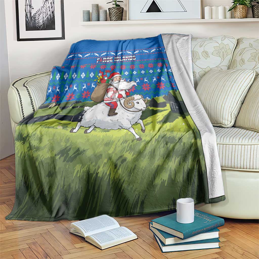 Faroe Islands Christmas Blanket with Santa Riding Sheep Grass Roof Houses and Blue Nordic Pattern Design - Wonder Print Shop