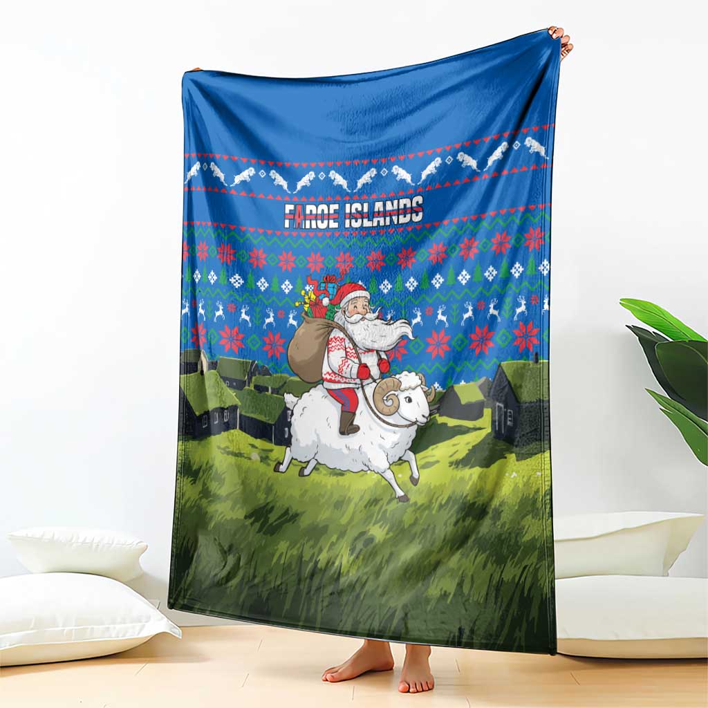 Faroe Islands Christmas Blanket with Santa Riding Sheep Grass Roof Houses and Blue Nordic Pattern Design - Wonder Print Shop