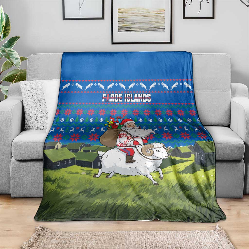 Faroe Islands Christmas Blanket with Santa Riding Sheep Grass Roof Houses and Blue Nordic Pattern Design - Wonder Print Shop