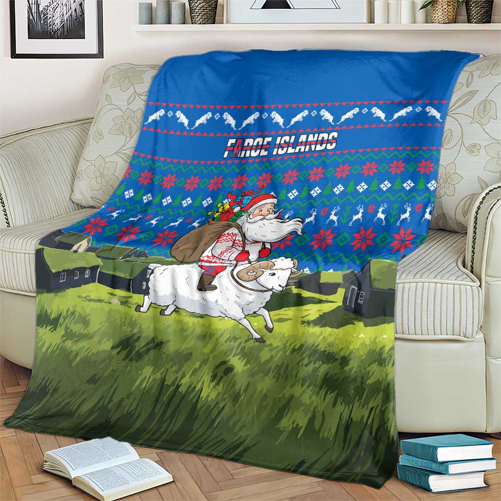 Faroe Islands Christmas Blanket with Santa Riding Sheep Grass Roof Houses and Blue Nordic Pattern Design - Wonder Print Shop