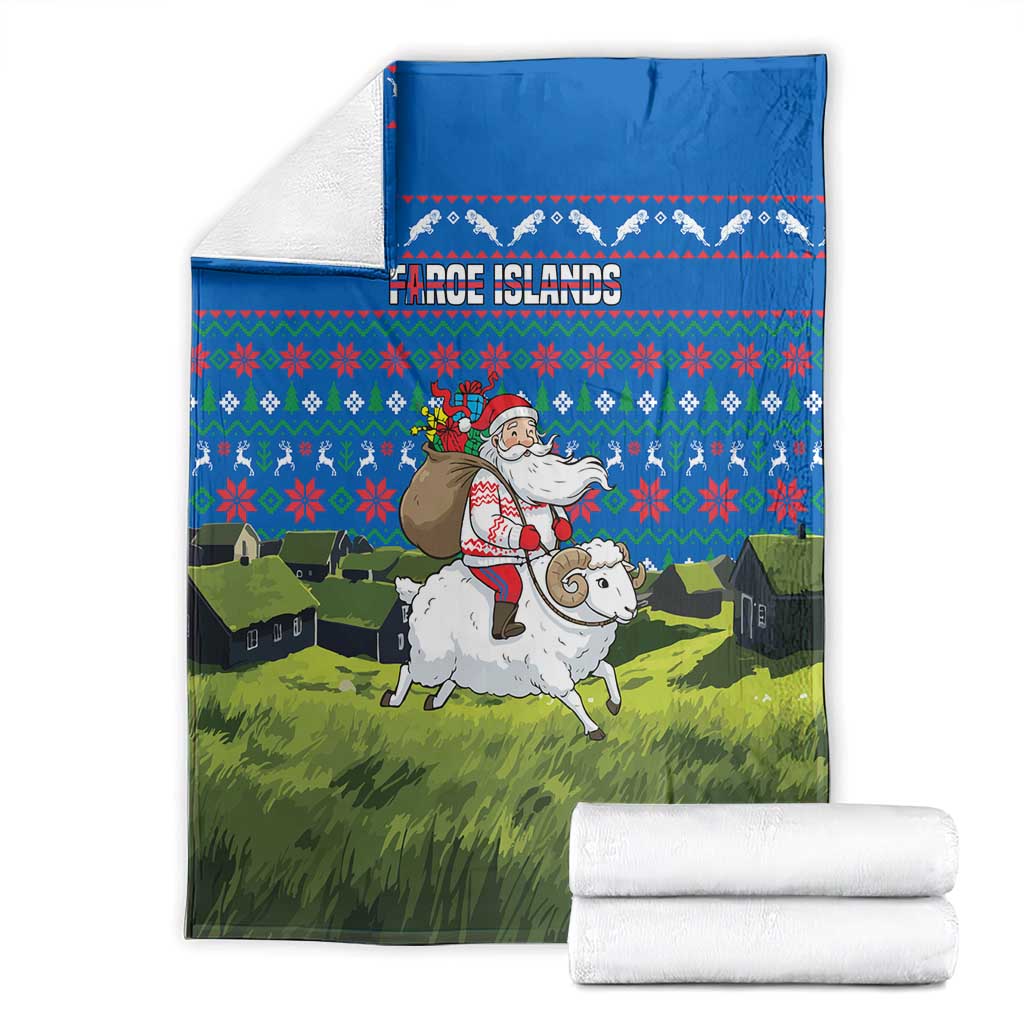 Faroe Islands Christmas Blanket with Santa Riding Sheep Grass Roof Houses and Blue Nordic Pattern Design - Wonder Print Shop