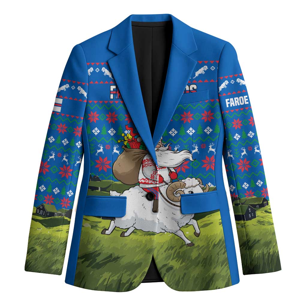 Faroe Islands Christmas Blazer with Santa Riding Sheep Grass Roof Houses and Blue Nordic Pattern Design - Wonder Print Shop