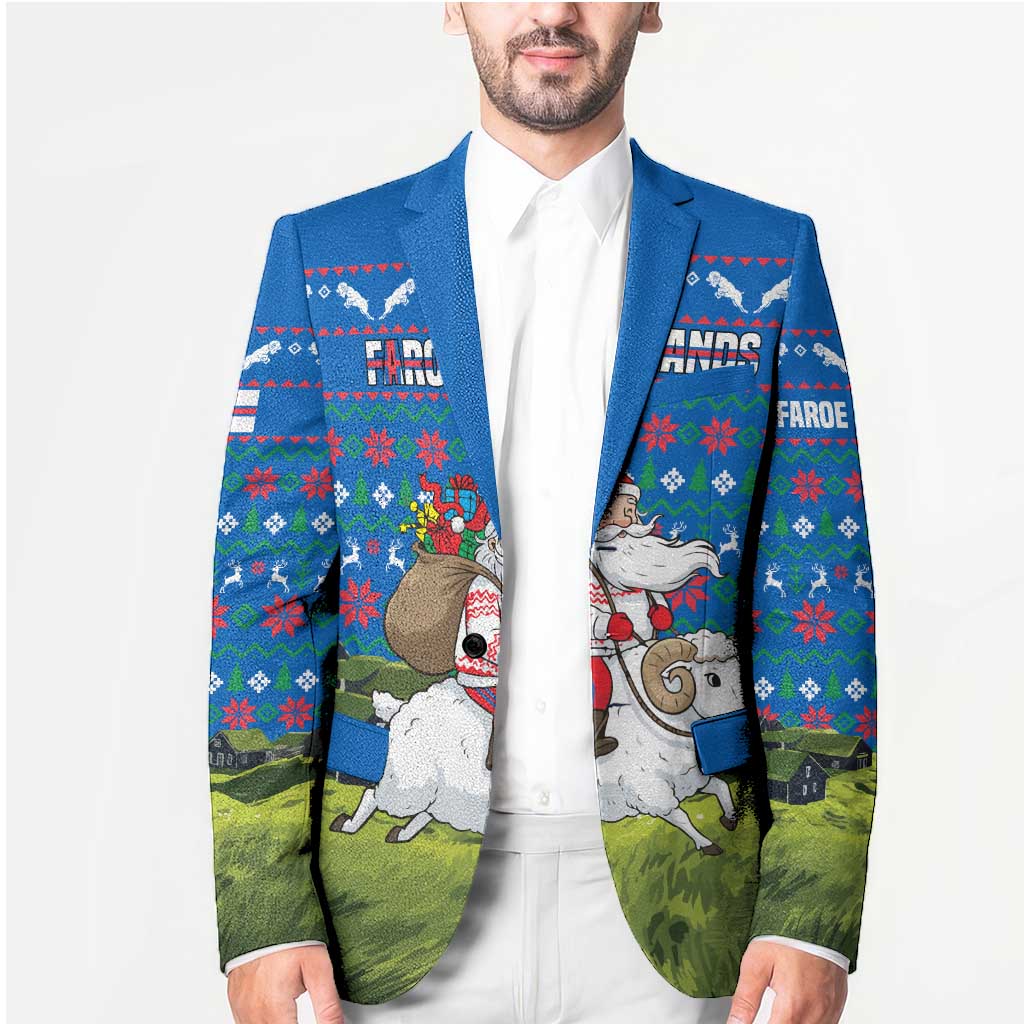 Faroe Islands Christmas Blazer with Santa Riding Sheep Grass Roof Houses and Blue Nordic Pattern Design - Wonder Print Shop