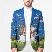 Faroe Islands Christmas Blazer with Santa Riding Sheep Grass Roof Houses and Blue Nordic Pattern Design - Wonder Print Shop