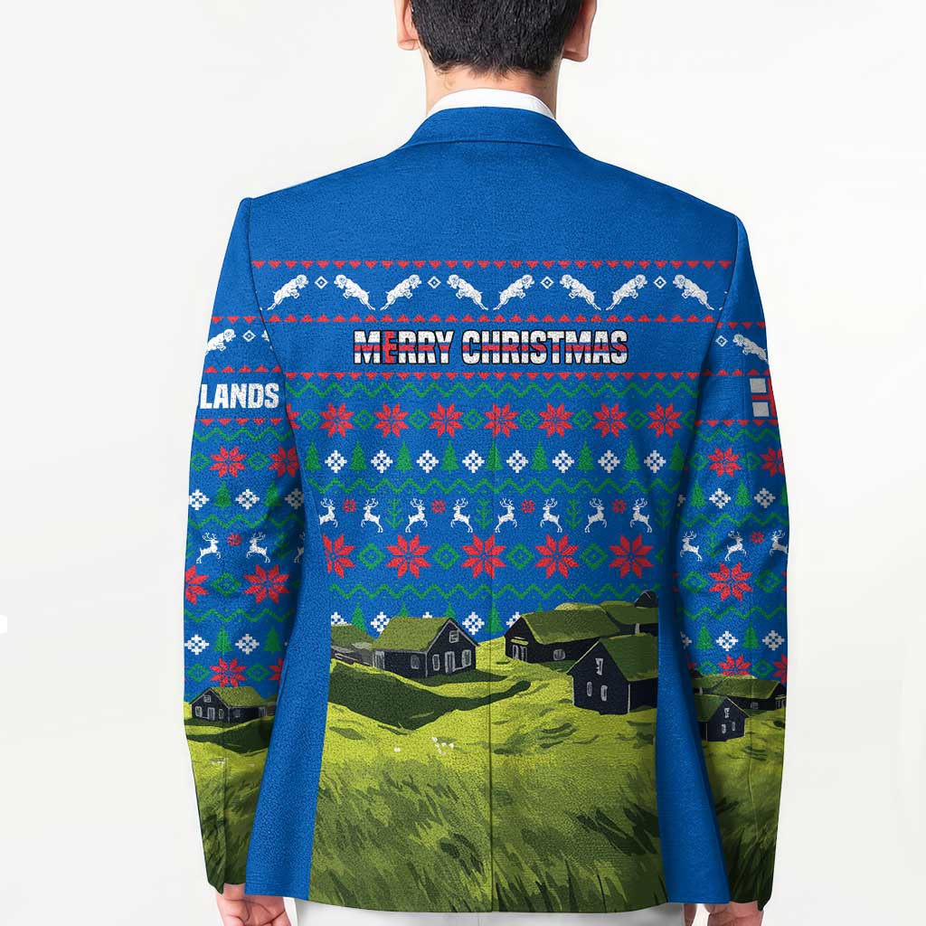 Faroe Islands Christmas Blazer with Santa Riding Sheep Grass Roof Houses and Blue Nordic Pattern Design - Wonder Print Shop
