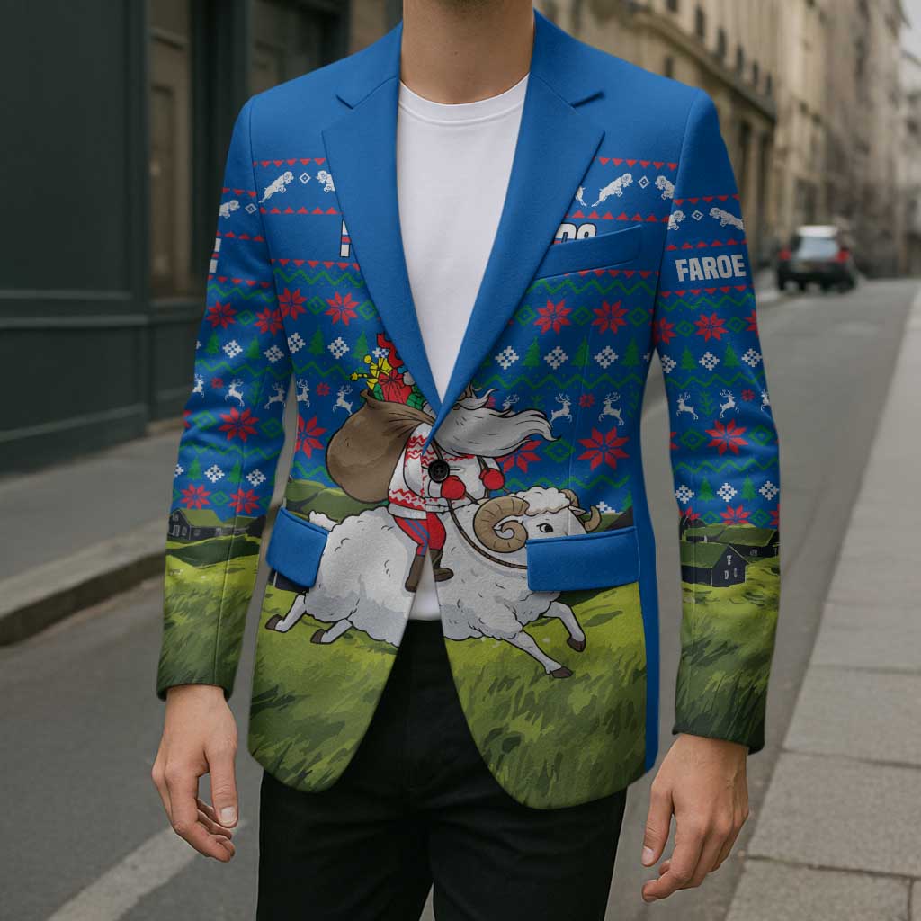 Faroe Islands Christmas Blazer with Santa Riding Sheep Grass Roof Houses and Blue Nordic Pattern Design - Wonder Print Shop