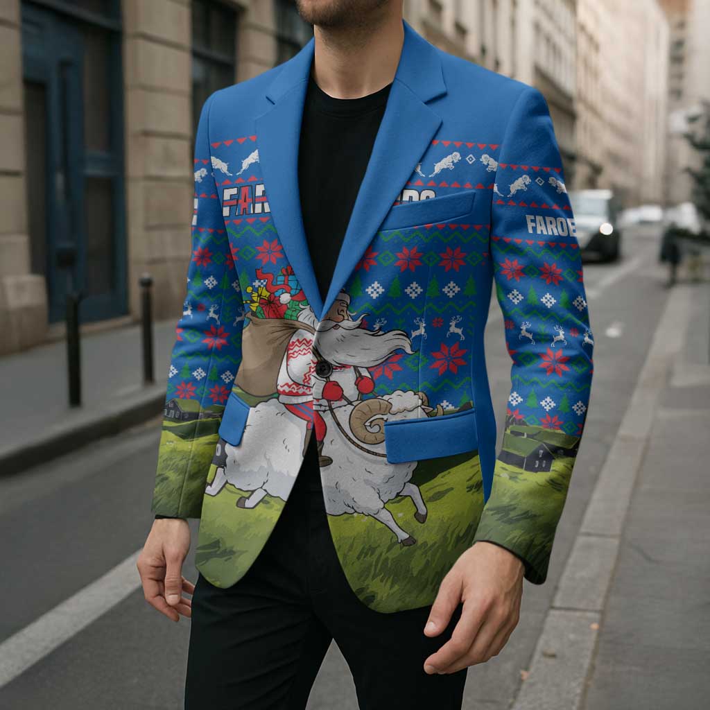 Faroe Islands Christmas Blazer with Santa Riding Sheep Grass Roof Houses and Blue Nordic Pattern Design - Wonder Print Shop