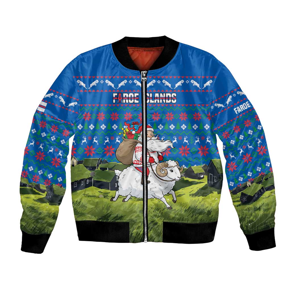 Faroe Islands Christmas Bomber Jacket with Santa Riding Sheep Grass Roof Houses and Blue Nordic Pattern Design - Wonder Print Shop