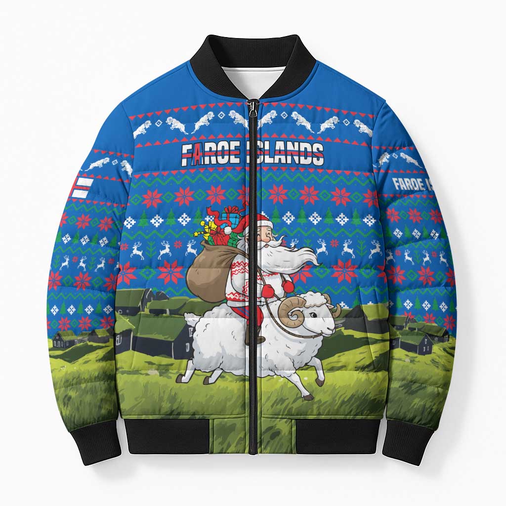 Faroe Islands Christmas Bomber Puffer Jacket with Santa Riding Sheep Grass Roof Houses and Blue Nordic Pattern Design - Wonder Print Shop