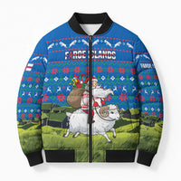 Faroe Islands Christmas Bomber Puffer Jacket with Santa Riding Sheep Grass Roof Houses and Blue Nordic Pattern Design - Wonder Print Shop