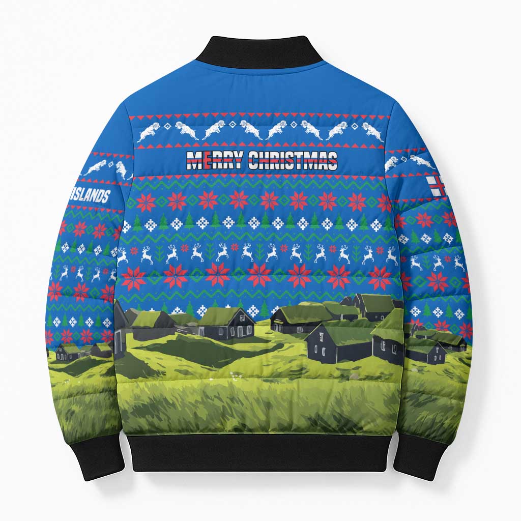 Faroe Islands Christmas Bomber Puffer Jacket with Santa Riding Sheep Grass Roof Houses and Blue Nordic Pattern Design - Wonder Print Shop