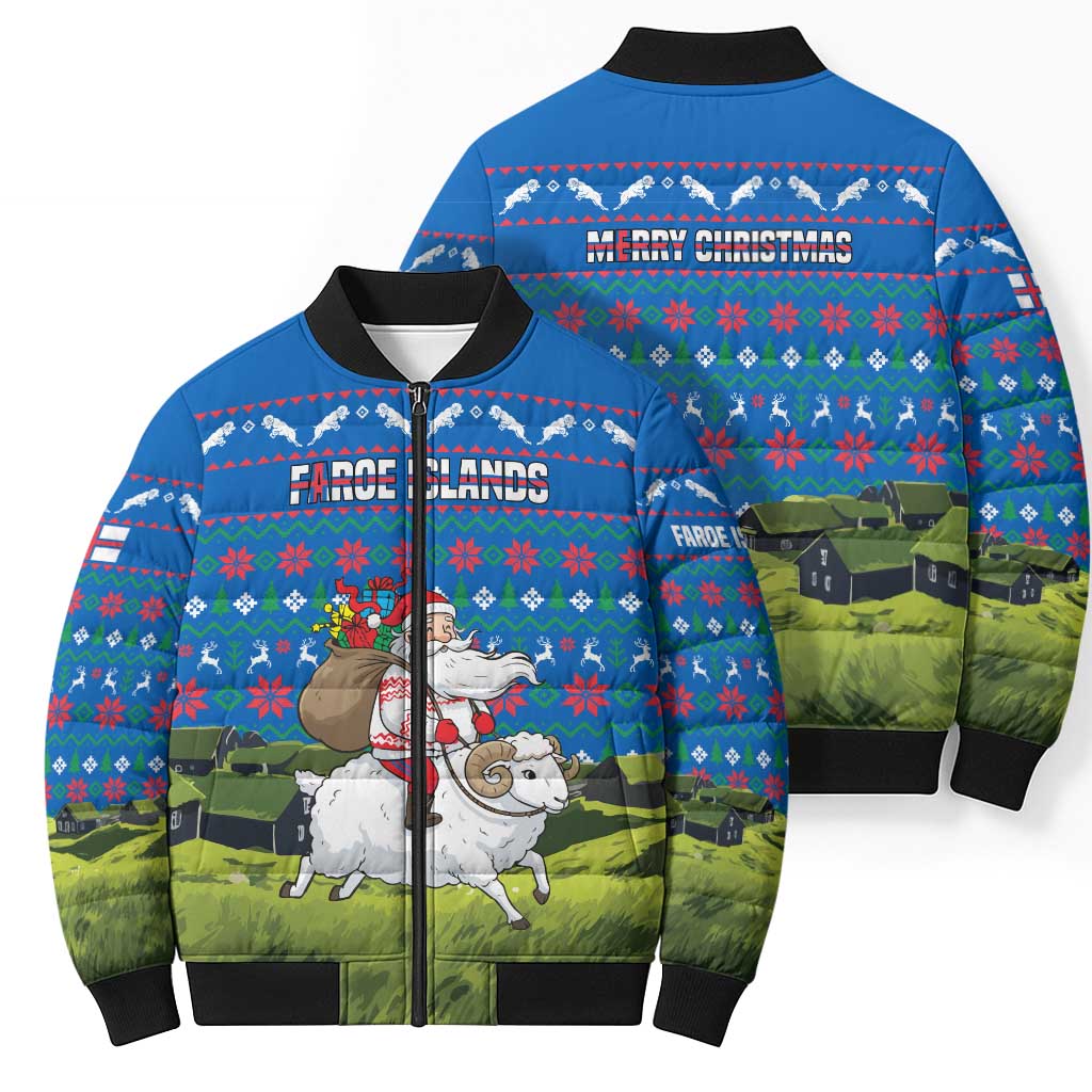 Faroe Islands Christmas Bomber Puffer Jacket with Santa Riding Sheep Grass Roof Houses and Blue Nordic Pattern Design - Wonder Print Shop