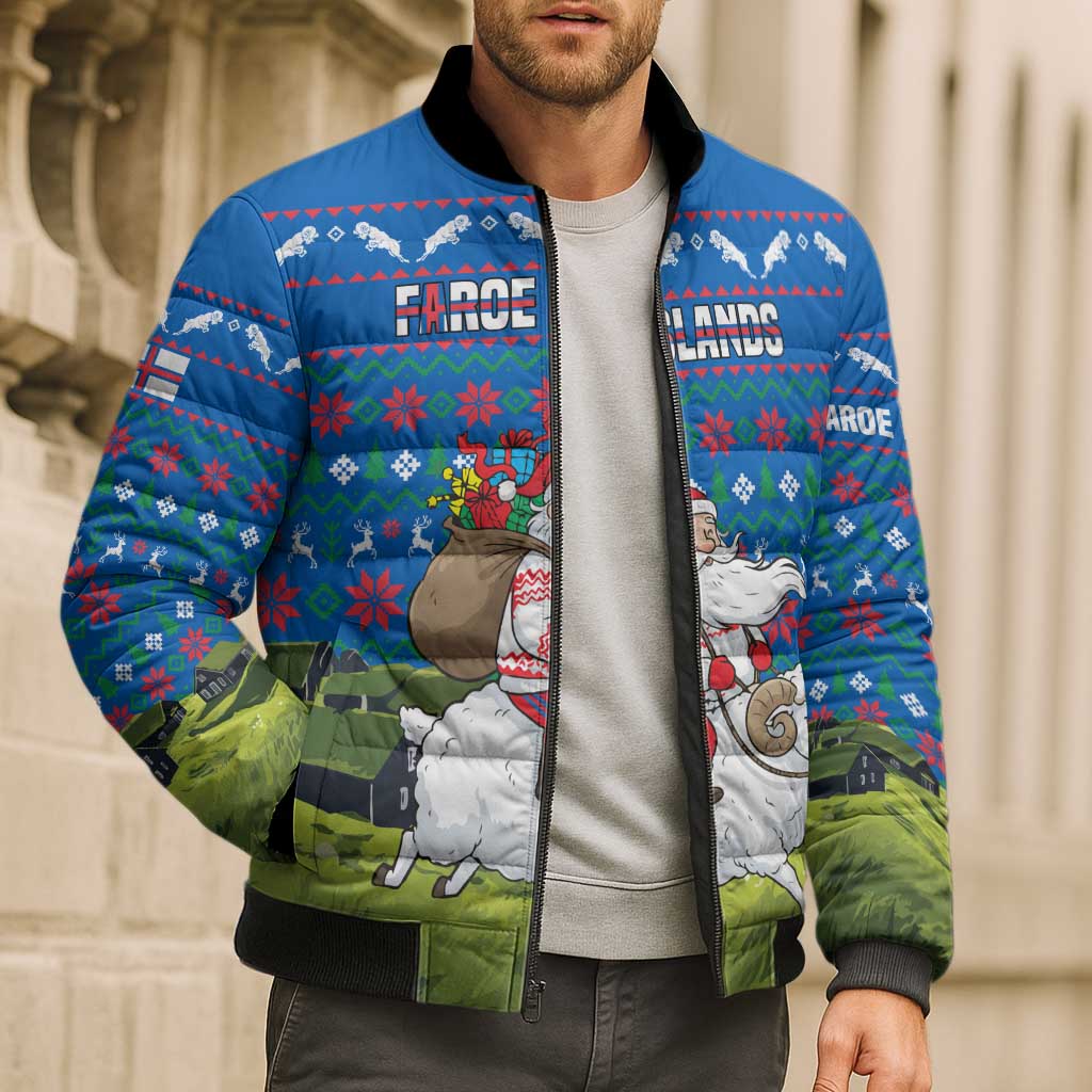 Faroe Islands Christmas Bomber Puffer Jacket with Santa Riding Sheep Grass Roof Houses and Blue Nordic Pattern Design - Wonder Print Shop
