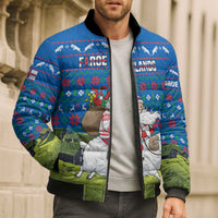 Faroe Islands Christmas Bomber Puffer Jacket with Santa Riding Sheep Grass Roof Houses and Blue Nordic Pattern Design - Wonder Print Shop