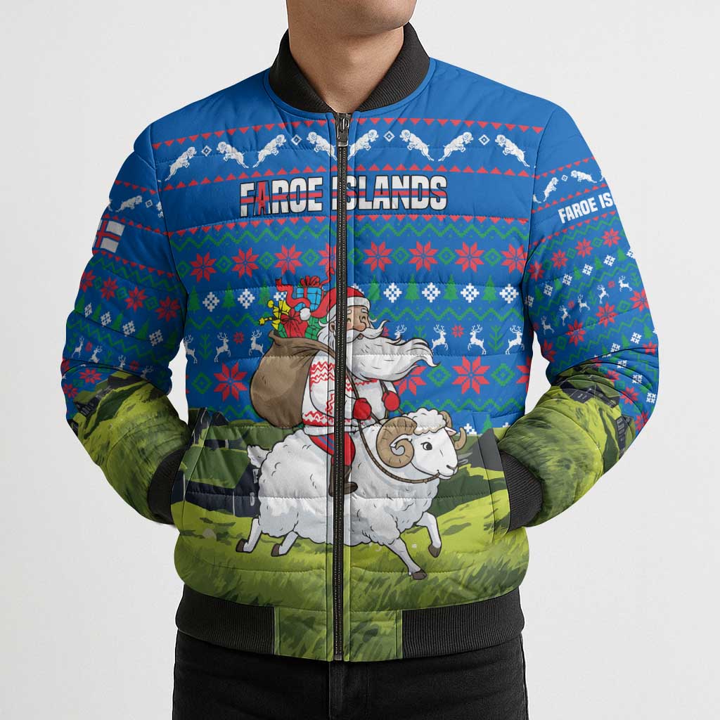 Faroe Islands Christmas Bomber Puffer Jacket with Santa Riding Sheep Grass Roof Houses and Blue Nordic Pattern Design - Wonder Print Shop