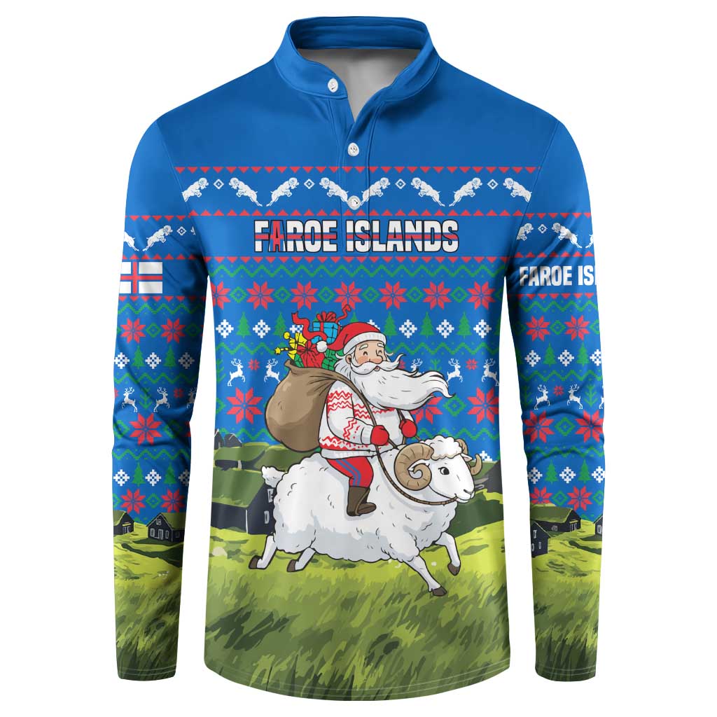 Faroe Islands Christmas Button Sweatshirt with Santa Riding Sheep Grass Roof Houses and Blue Nordic Pattern Design - Wonder Print Shop