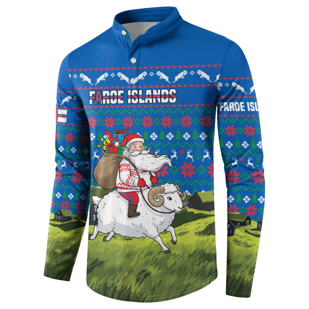 Faroe Islands Christmas Button Sweatshirt with Santa Riding Sheep Grass Roof Houses and Blue Nordic Pattern Design - Wonder Print Shop