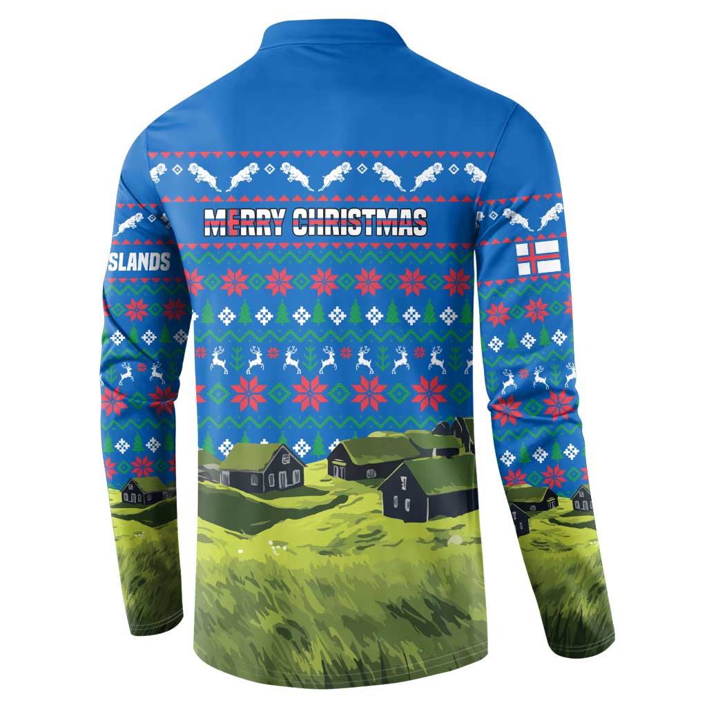 Faroe Islands Christmas Button Sweatshirt with Santa Riding Sheep Grass Roof Houses and Blue Nordic Pattern Design - Wonder Print Shop