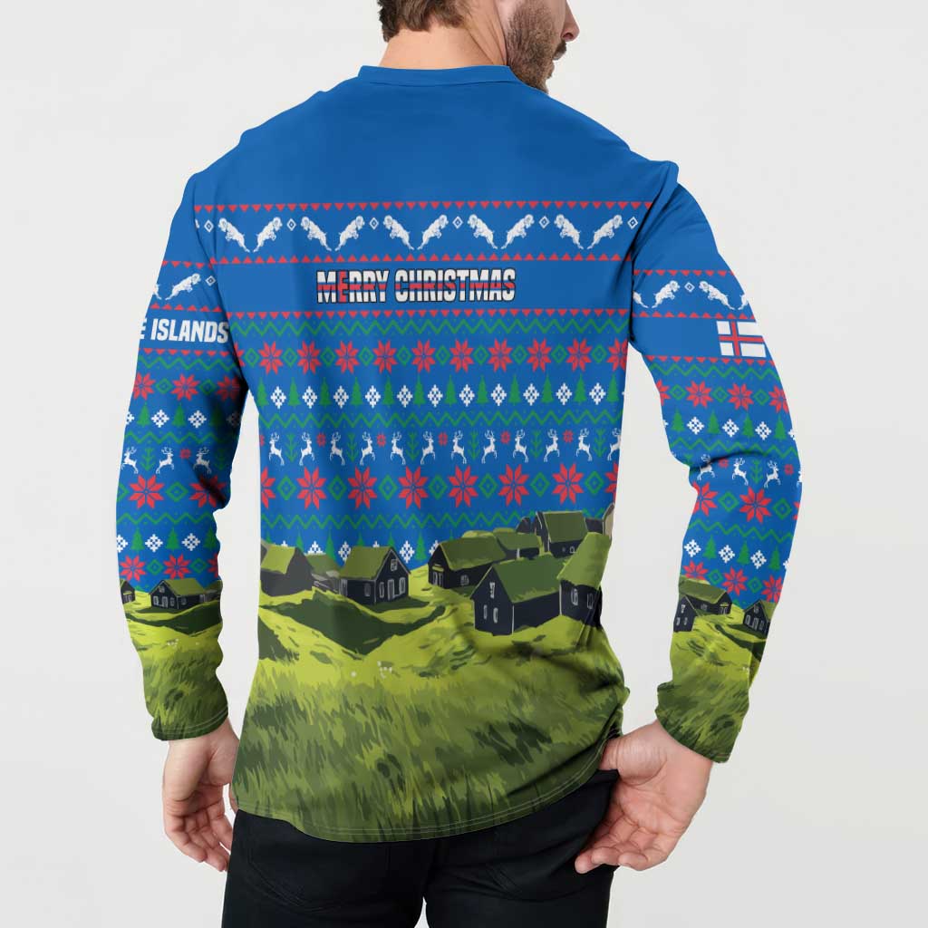 Faroe Islands Christmas Button Sweatshirt with Santa Riding Sheep Grass Roof Houses and Blue Nordic Pattern Design - Wonder Print Shop