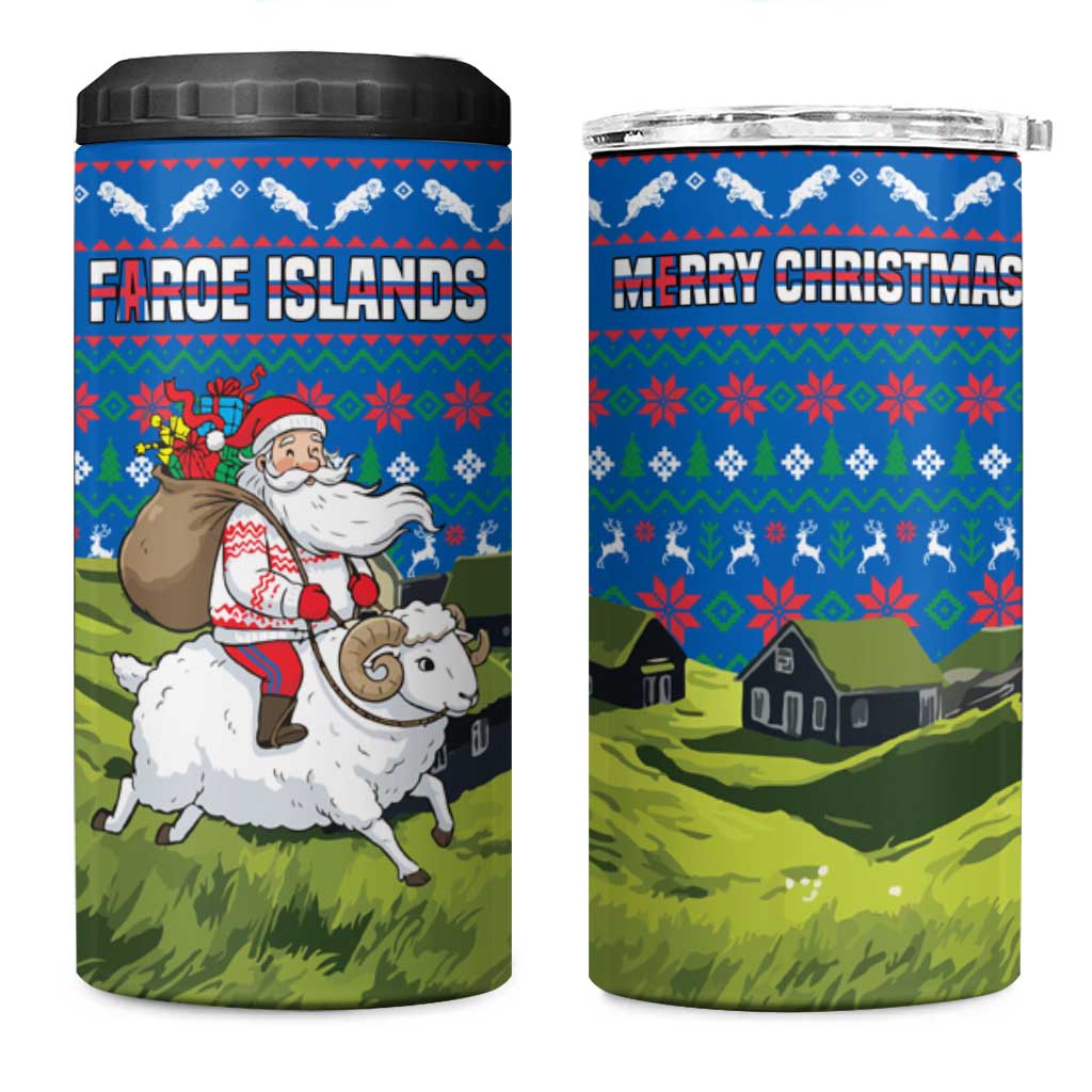 Faroe Islands Christmas 4 in 1 Can Cooler Tumbler with Santa Riding Sheep Grass Roof Houses and Blue Nordic Pattern Design - Wonder Print Shop