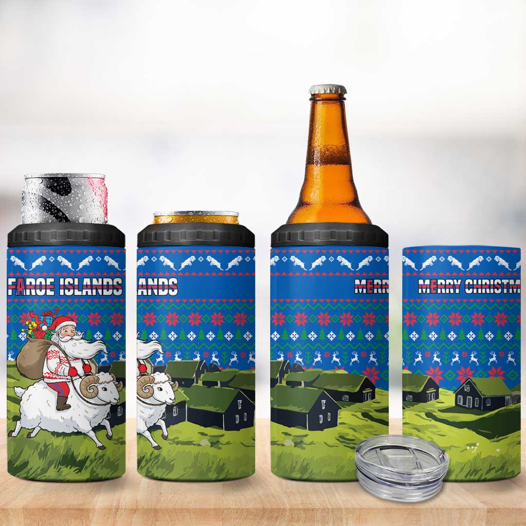 Faroe Islands Christmas 4 in 1 Can Cooler Tumbler with Santa Riding Sheep Grass Roof Houses and Blue Nordic Pattern Design - Wonder Print Shop