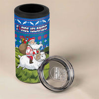 Faroe Islands Christmas 4 in 1 Can Cooler Tumbler with Santa Riding Sheep Grass Roof Houses and Blue Nordic Pattern Design - Wonder Print Shop