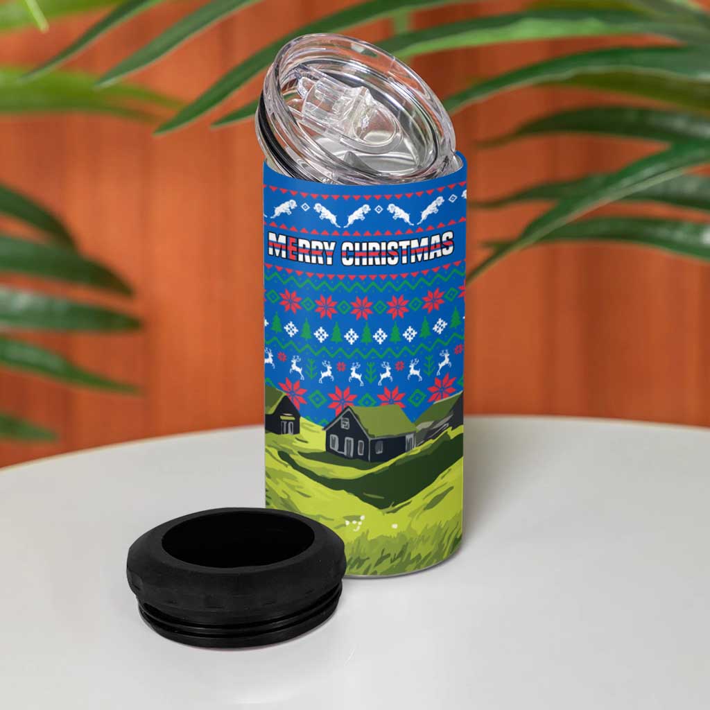 Faroe Islands Christmas 4 in 1 Can Cooler Tumbler with Santa Riding Sheep Grass Roof Houses and Blue Nordic Pattern Design - Wonder Print Shop