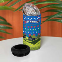 Faroe Islands Christmas 4 in 1 Can Cooler Tumbler with Santa Riding Sheep Grass Roof Houses and Blue Nordic Pattern Design - Wonder Print Shop