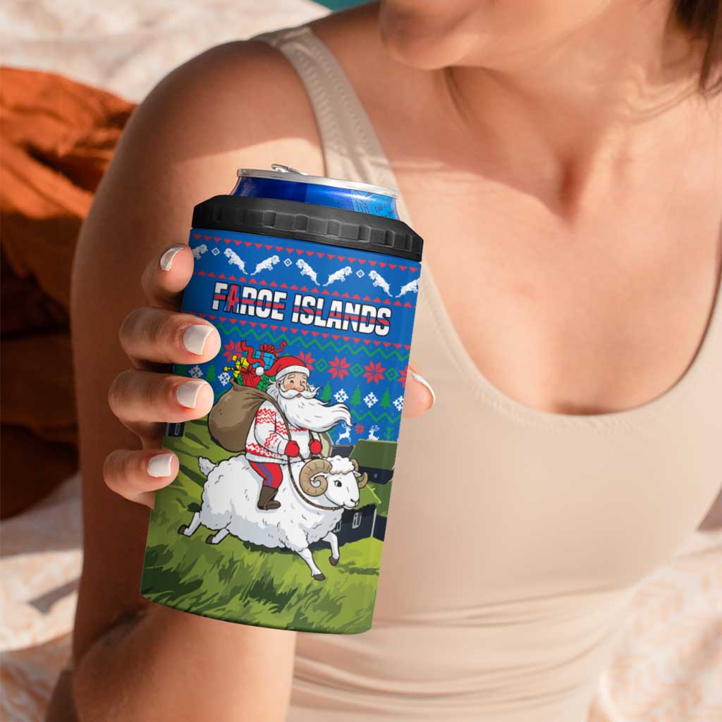 Faroe Islands Christmas 4 in 1 Can Cooler Tumbler with Santa Riding Sheep Grass Roof Houses and Blue Nordic Pattern Design - Wonder Print Shop