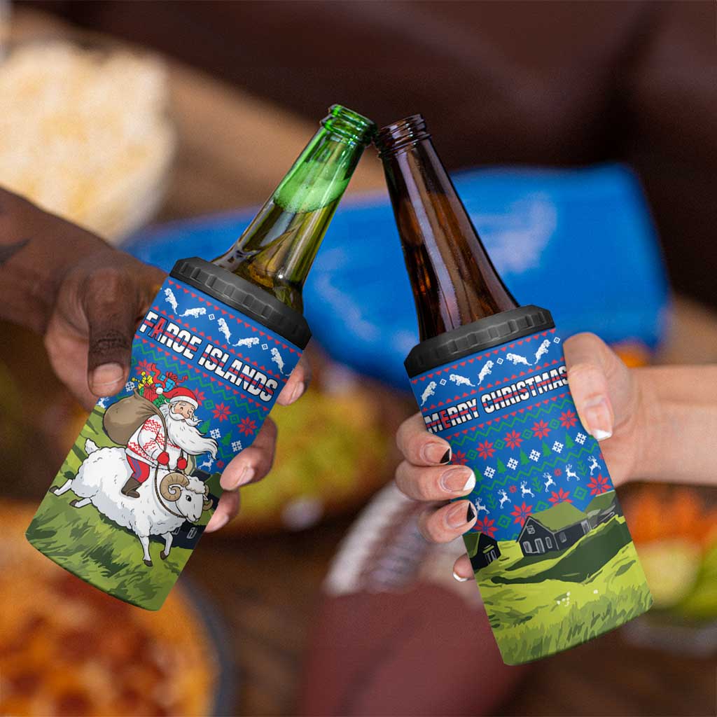 Faroe Islands Christmas 4 in 1 Can Cooler Tumbler with Santa Riding Sheep Grass Roof Houses and Blue Nordic Pattern Design - Wonder Print Shop