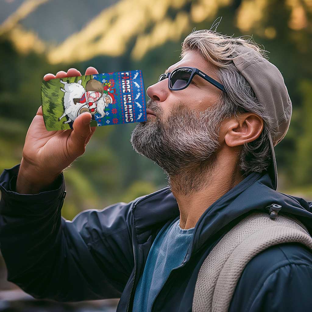 Faroe Islands Christmas 4 in 1 Can Cooler Tumbler with Santa Riding Sheep Grass Roof Houses and Blue Nordic Pattern Design - Wonder Print Shop