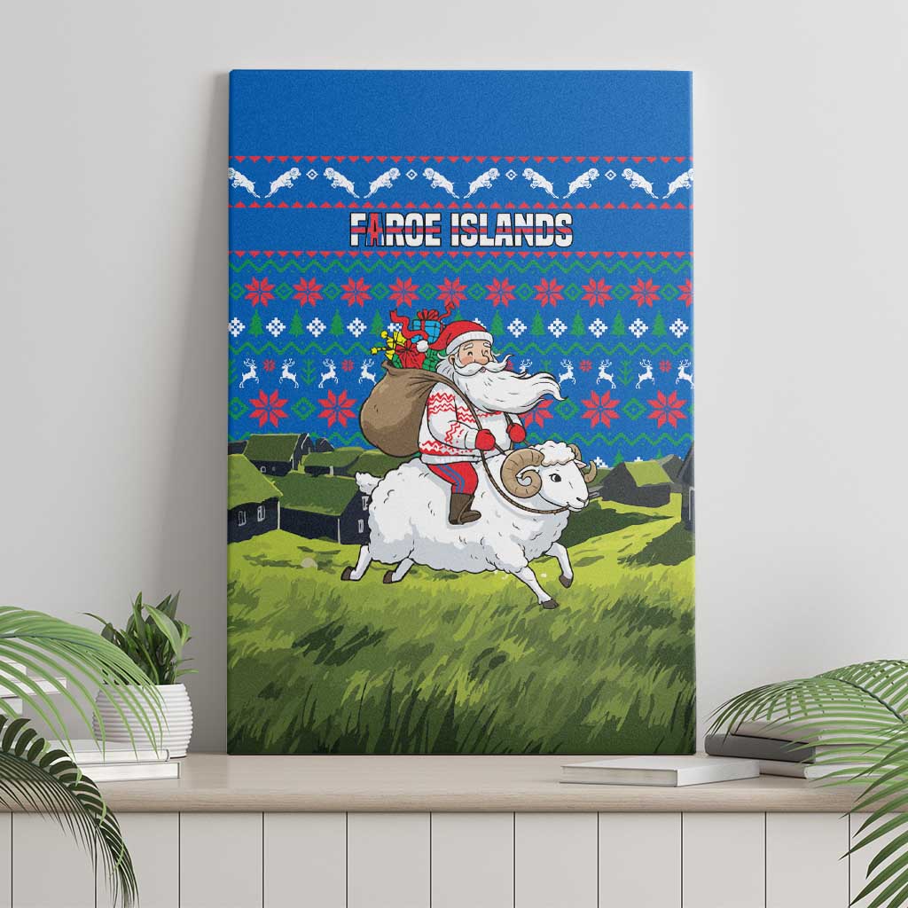 Faroe Islands Christmas Canvas Wall Art with Santa Riding Sheep Grass Roof Houses and Blue Nordic Pattern Design - Wonder Print Shop