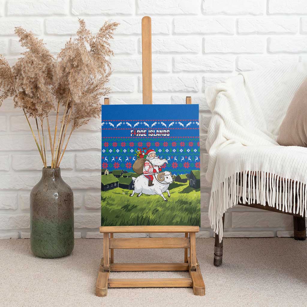 Faroe Islands Christmas Canvas Wall Art with Santa Riding Sheep Grass Roof Houses and Blue Nordic Pattern Design - Wonder Print Shop