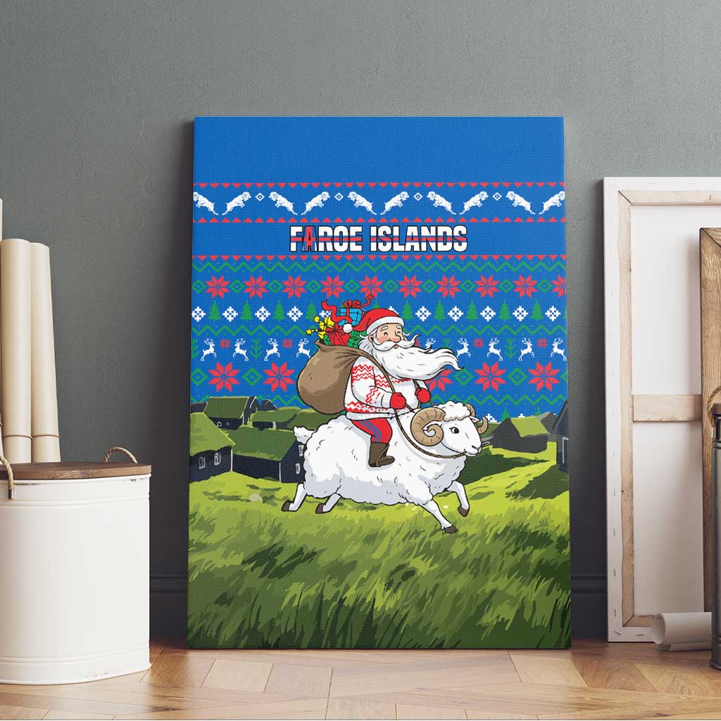 Faroe Islands Christmas Canvas Wall Art with Santa Riding Sheep Grass Roof Houses and Blue Nordic Pattern Design - Wonder Print Shop