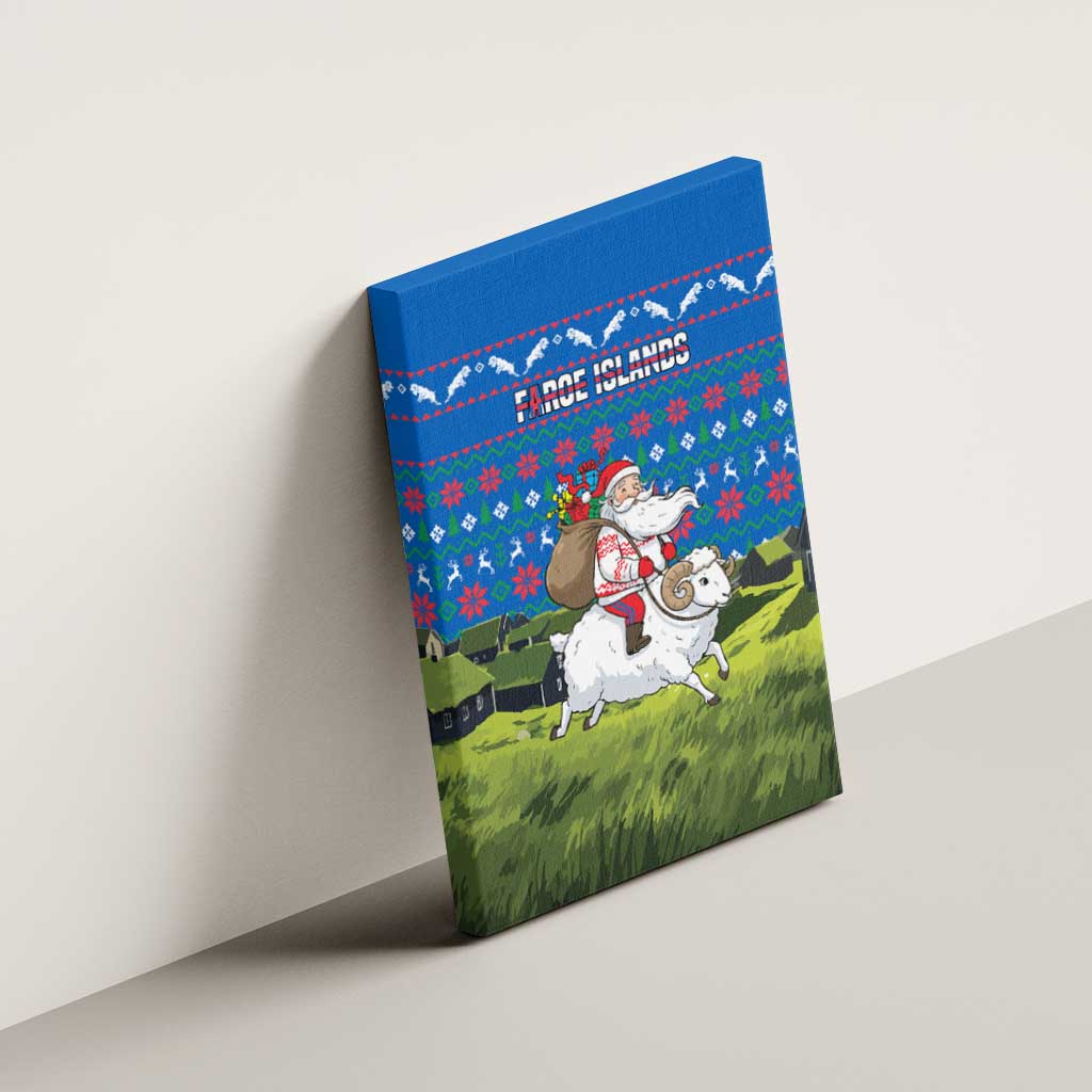 Faroe Islands Christmas Canvas Wall Art with Santa Riding Sheep Grass Roof Houses and Blue Nordic Pattern Design - Wonder Print Shop