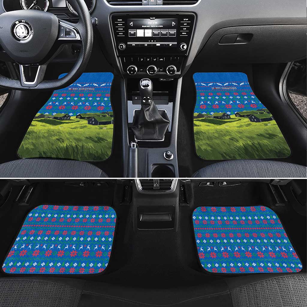 Faroe Islands Christmas Car Mats with Santa Riding Sheep Grass Roof Houses and Blue Nordic Pattern Design - Wonder Print Shop