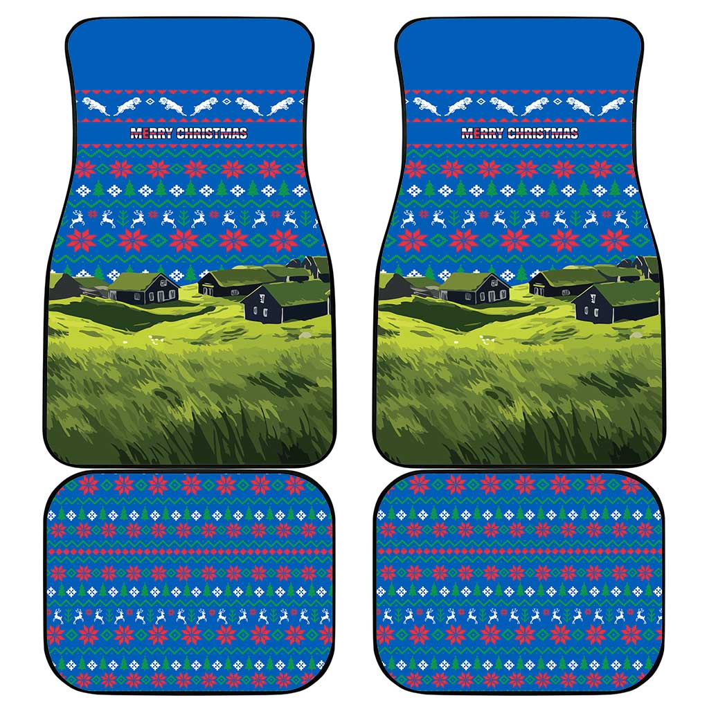 Faroe Islands Christmas Car Mats with Santa Riding Sheep Grass Roof Houses and Blue Nordic Pattern Design - Wonder Print Shop