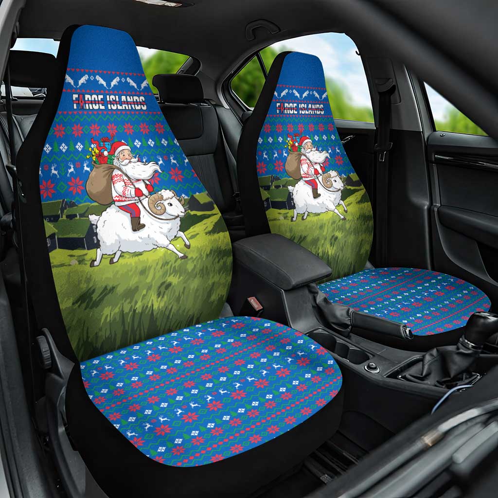 Faroe Islands Christmas Car Seat Cover with Santa Riding Sheep Grass Roof Houses and Blue Nordic Pattern Design - Wonder Print Shop