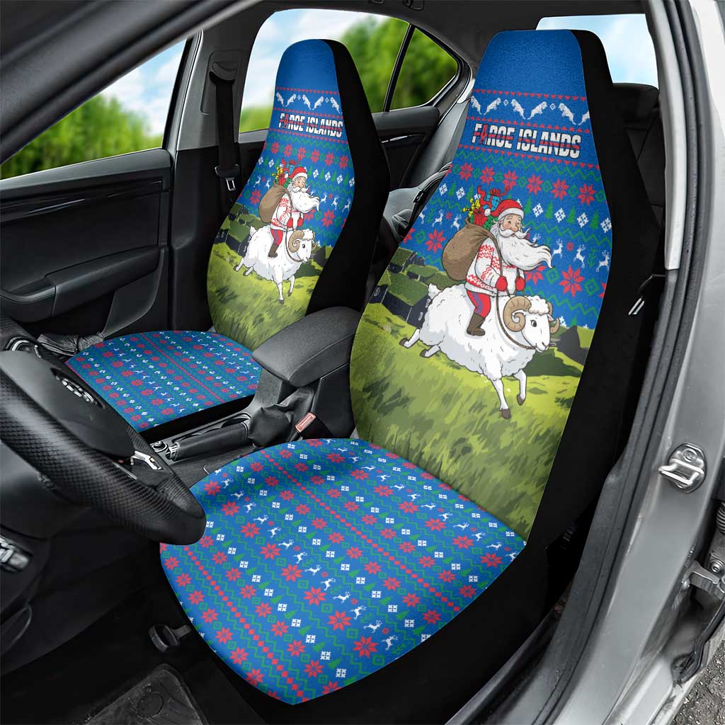 Faroe Islands Christmas Car Seat Cover with Santa Riding Sheep Grass Roof Houses and Blue Nordic Pattern Design - Wonder Print Shop