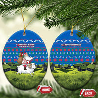 Faroe Islands Christmas Ceramic Ornament with Santa Riding Sheep Grass Roof Houses and Blue Nordic Pattern Design - Wonder Print Shop