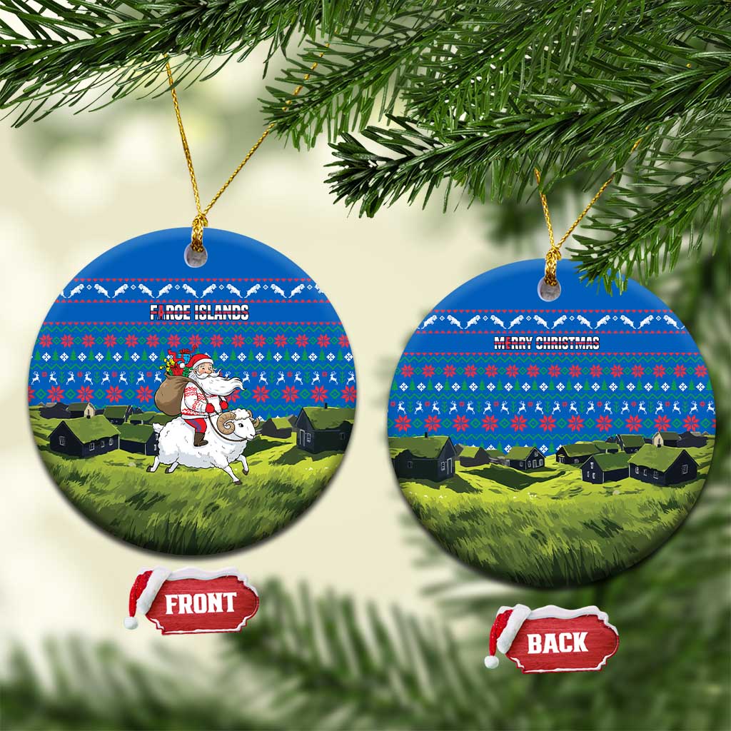 Faroe Islands Christmas Ceramic Ornament with Santa Riding Sheep Grass Roof Houses and Blue Nordic Pattern Design - Wonder Print Shop