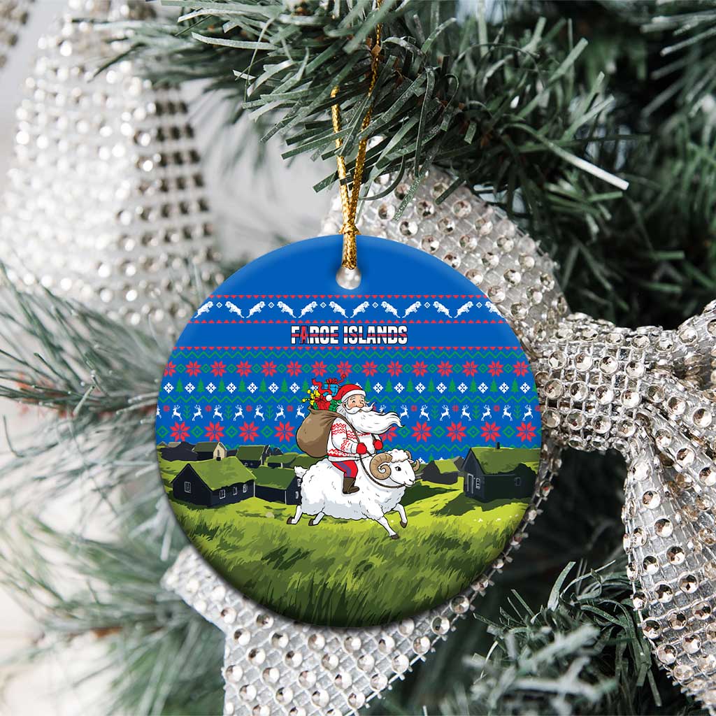 Faroe Islands Christmas Ceramic Ornament with Santa Riding Sheep Grass Roof Houses and Blue Nordic Pattern Design - Wonder Print Shop