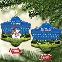 Faroe Islands Christmas Ceramic Ornament with Santa Riding Sheep Grass Roof Houses and Blue Nordic Pattern Design - Wonder Print Shop
