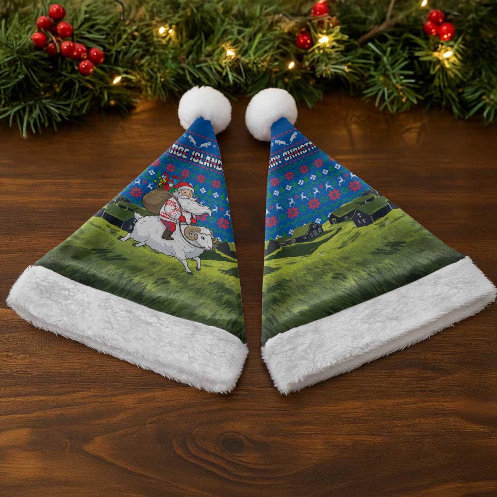 Faroe Islands Christmas Santa Hat with Santa Riding Sheep Grass Roof Houses and Blue Nordic Pattern Design - Wonder Print Shop