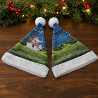 Faroe Islands Christmas Santa Hat with Santa Riding Sheep Grass Roof Houses and Blue Nordic Pattern Design - Wonder Print Shop