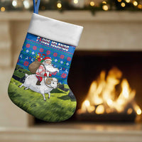 Faroe Islands Christmas Stocking with Santa Riding Sheep Grass Roof Houses and Blue Nordic Pattern Design - Wonder Print Shop
