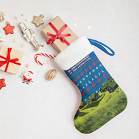 Faroe Islands Christmas Stocking with Santa Riding Sheep Grass Roof Houses and Blue Nordic Pattern Design - Wonder Print Shop