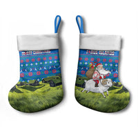 Faroe Islands Christmas Stocking with Santa Riding Sheep Grass Roof Houses and Blue Nordic Pattern Design - Wonder Print Shop