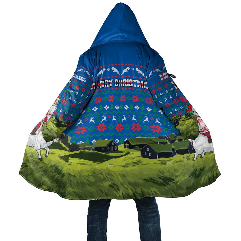 Faroe Islands Christmas Cloak with Santa Riding Sheep Grass Roof Houses and Blue Nordic Pattern Design - Wonder Print Shop